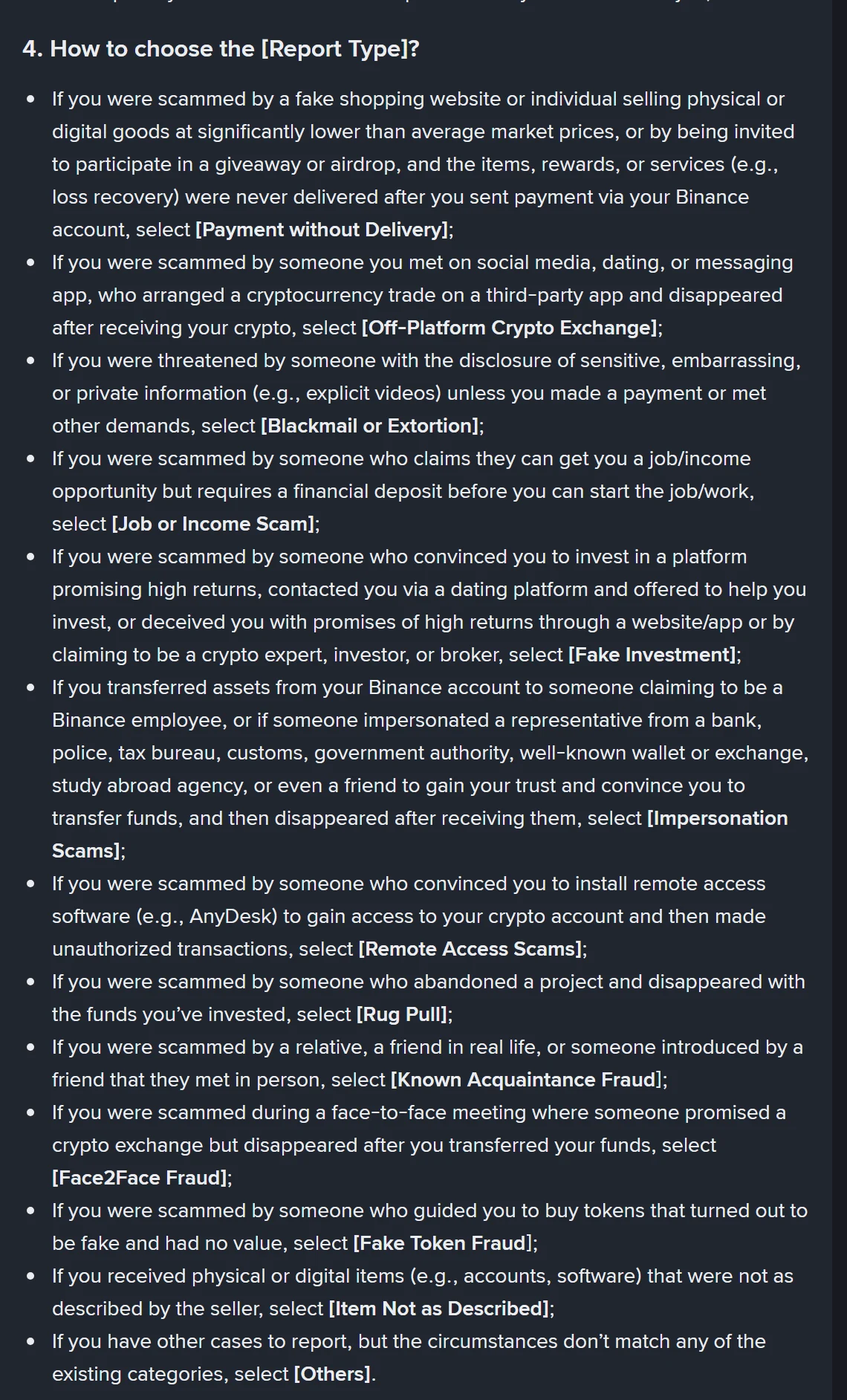 หน้าช่วยเหลือของ Binance หัวข้อ How to choose the Report Type แสดงรายการประเภทการรายงานทั้ง 13 แบบ เช่น Payment without Delivery, Off-Platform Crypto Exchange, Blackmail or Extortion, Job or Income Scam, Fake Investment, Impersonation Scams, Remote Access Scams, Rug Pull และ Others พร้อมคำอธิบายว่าควรเลือกแบบใดในสถานการณ์ใด