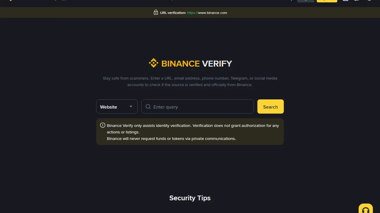 Binance Verify 官方驗證頁面，中央有類型選單、查詢欄與黃色 Search 按鈕