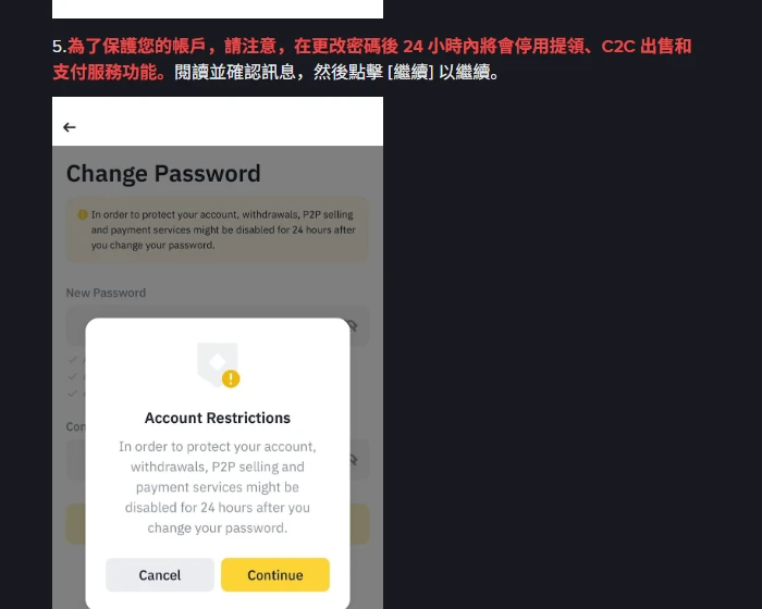 幣安繁體中文常見問題「如何在幣安 App 上更改我的密碼」第 5 步,文字說明更改密碼後 24 小時內將停用提領、C2C 出售和支付服務功能,下方 App 截圖顯示 Change Password 頁面與 Account Restrictions 提示視窗