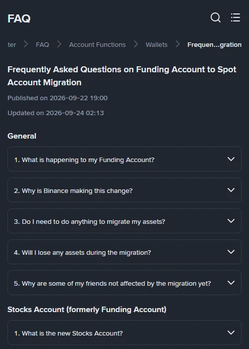 หน้าคำถามที่พบบ่อยของ Binance เรื่องการย้ายบัญชี Funding ไปบัญชี Spot แสดงวันที่เผยแพร่ 2026-09-22 อัปเดต 2026-09-24 พร้อมหัวข้อย่อยหมวด General และ Stocks Account