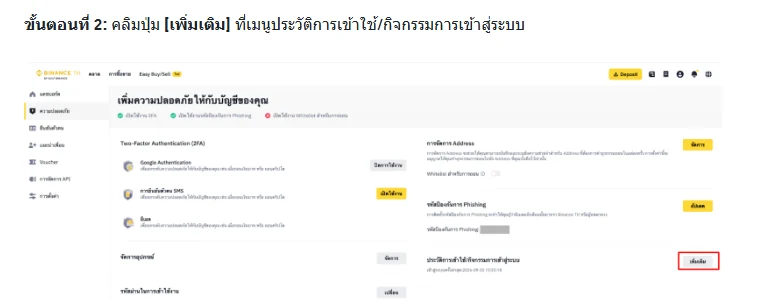หน้าความปลอดภัยของบัญชี Binance TH ในคู่มือทางการ แสดงเมนู Two-Factor Authentication จัดการ Address รหัสป้องกันการ Phishing จัดการอุปกรณ์ และช่องประวัติการเข้าใช้/กิจกรรมการเข้าสู่ระบบ ที่มุมขวาล่างมีกรอบแดงล้อมปุ่ม เพิ่มเติม