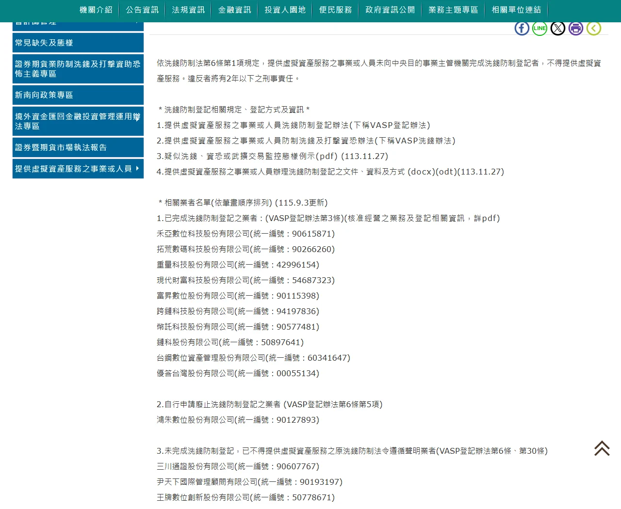 金管會證券期貨局「提供虛擬資產服務之事業或人員」專區,顯示洗錢防制法第6條第1項規定與已完成洗錢防制登記的十家業者名單,頁面標示 115.9.3 更新