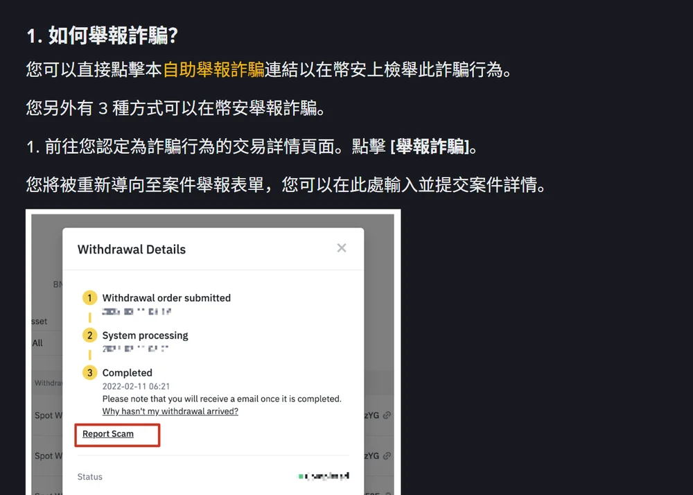 幣安繁體中文說明頁「如何舉報詐騙?」段落,文中提供自助舉報詐騙連結,並說明可前往交易詳情頁面點擊「舉報詐騙」,下方附提領明細彈窗截圖,紅框標出 Report Scam 連結