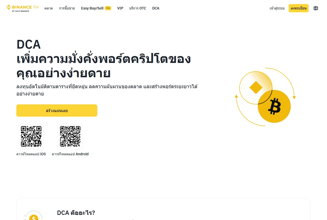 หน้า DCA ภาษาไทยของ Binance TH พาดหัว DCA เพิ่มความมั่งคั่งพอร์ตคริปโตของคุณอย่างง่ายดาย มีปุ่มสร้างแผนเลย และ QR โค้ดดาวน์โหลดแอป iOS กับ Android แถบเมนูด้านบนแสดงเมนู DCA แยกจาก Easy Buy/Sell