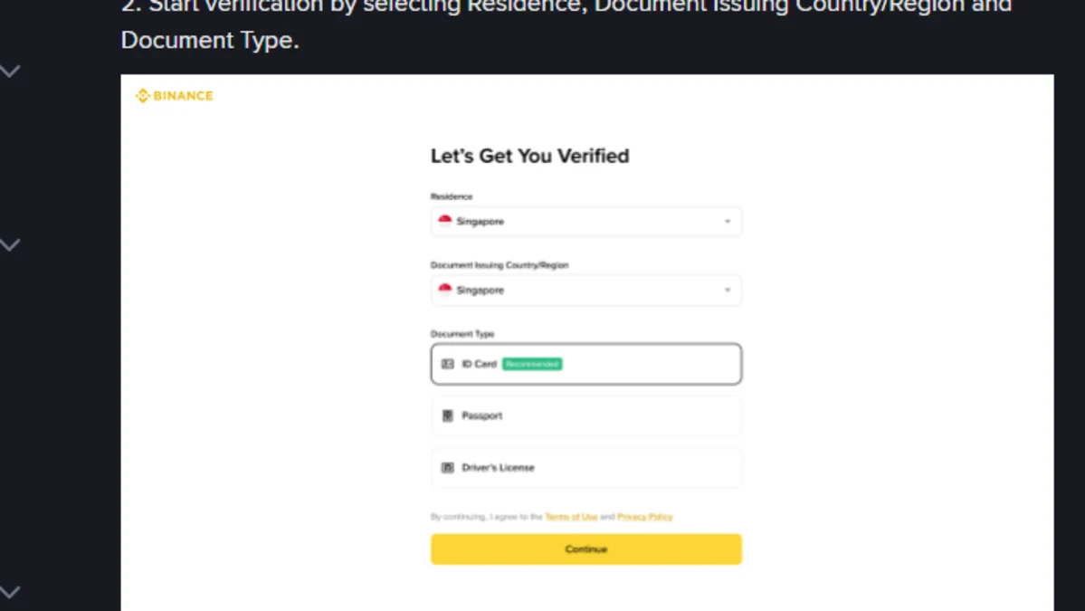 Binance 官方身分驗證畫面,顯示居住地、證件簽發地及證件類型選項