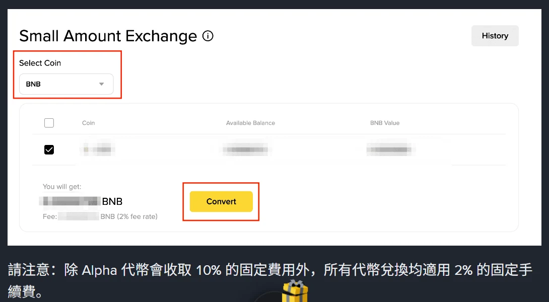 幣安說明頁內的小額兌換操作截圖,Small Amount Exchange 面板下方標示 Fee 為 2% fee rate,頁面文字寫明除 Alpha 代幣收取 10% 固定費用外,所有代幣兌換均適用 2% 的固定手續費