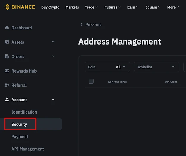 Binance 帳戶安全頁面的 Address Management 介面,左側 Security 被紅框標示,右側可篩選白名單地址