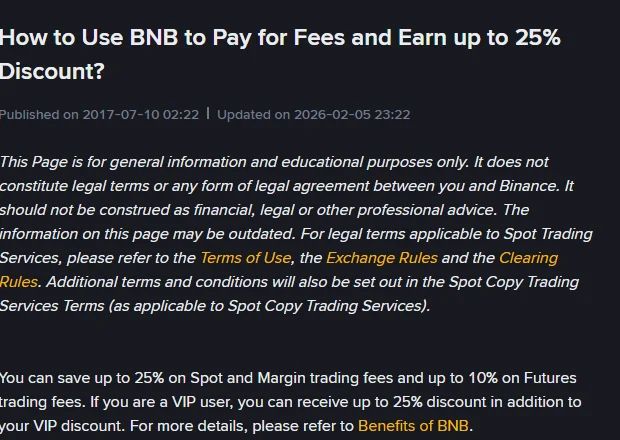 หน้าคำอธิบายของ Binance เรื่องการใช้ BNB จ่ายค่าธรรมเนียม แสดงวันที่เผยแพร่และอัปเดต พร้อมข้อความว่าประหยัดได้สูงสุด 25% สำหรับสปอตและมาร์จิ้น และสูงสุด 10% สำหรับฟิวเจอร์ส