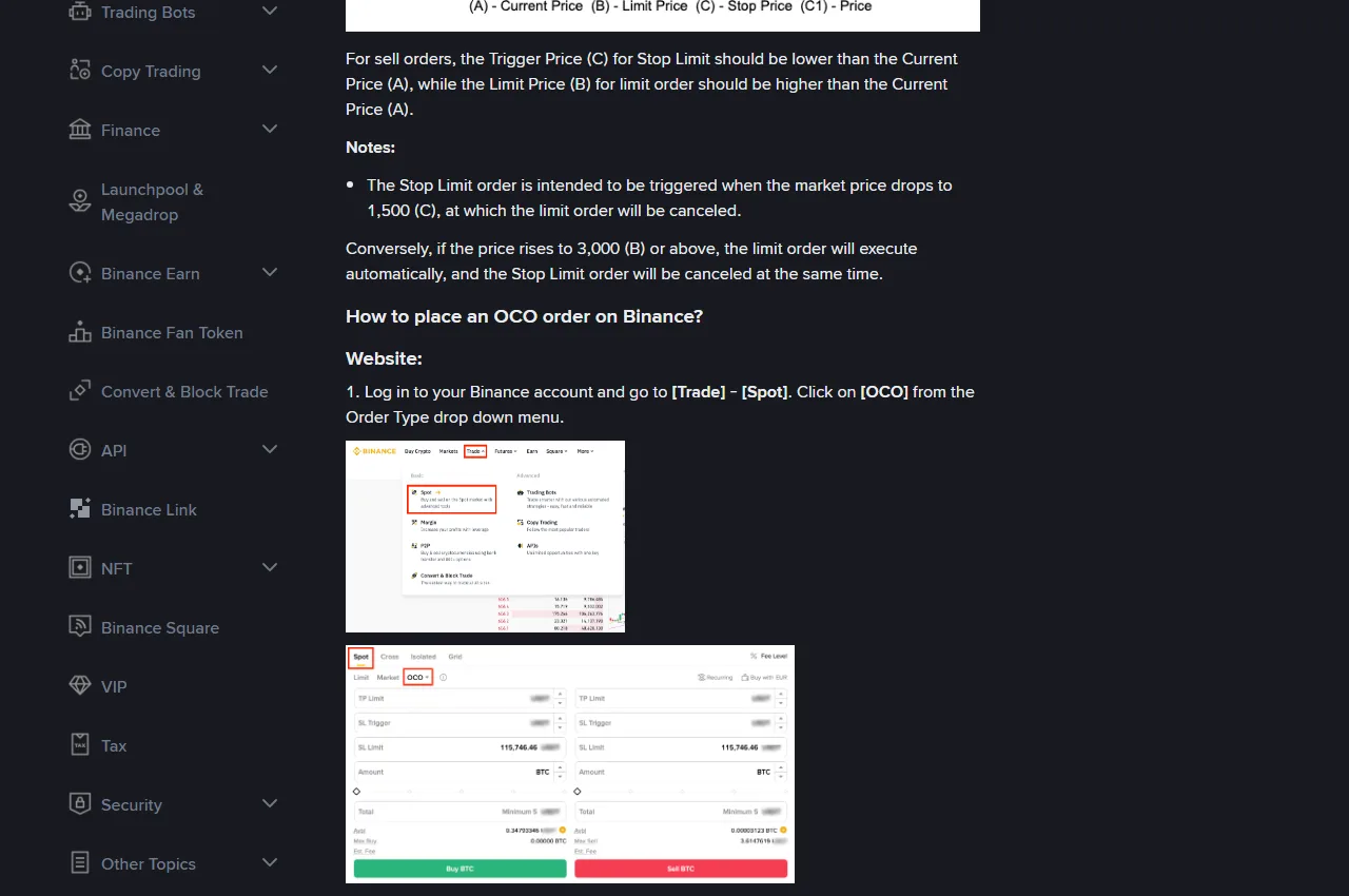 หน้า FAQ ทางการของ Binance เรื่องคำสั่ง OCO แสดงเงื่อนไขราคาของ OCO ฝั่งขาย พร้อมภาพหน้าจอแผงส่งคำสั่ง OCO บนเว็บที่มีช่อง TP Limit, SL Trigger, SL Limit และ Amount ทั้งฝั่งซื้อและฝั่งขาย