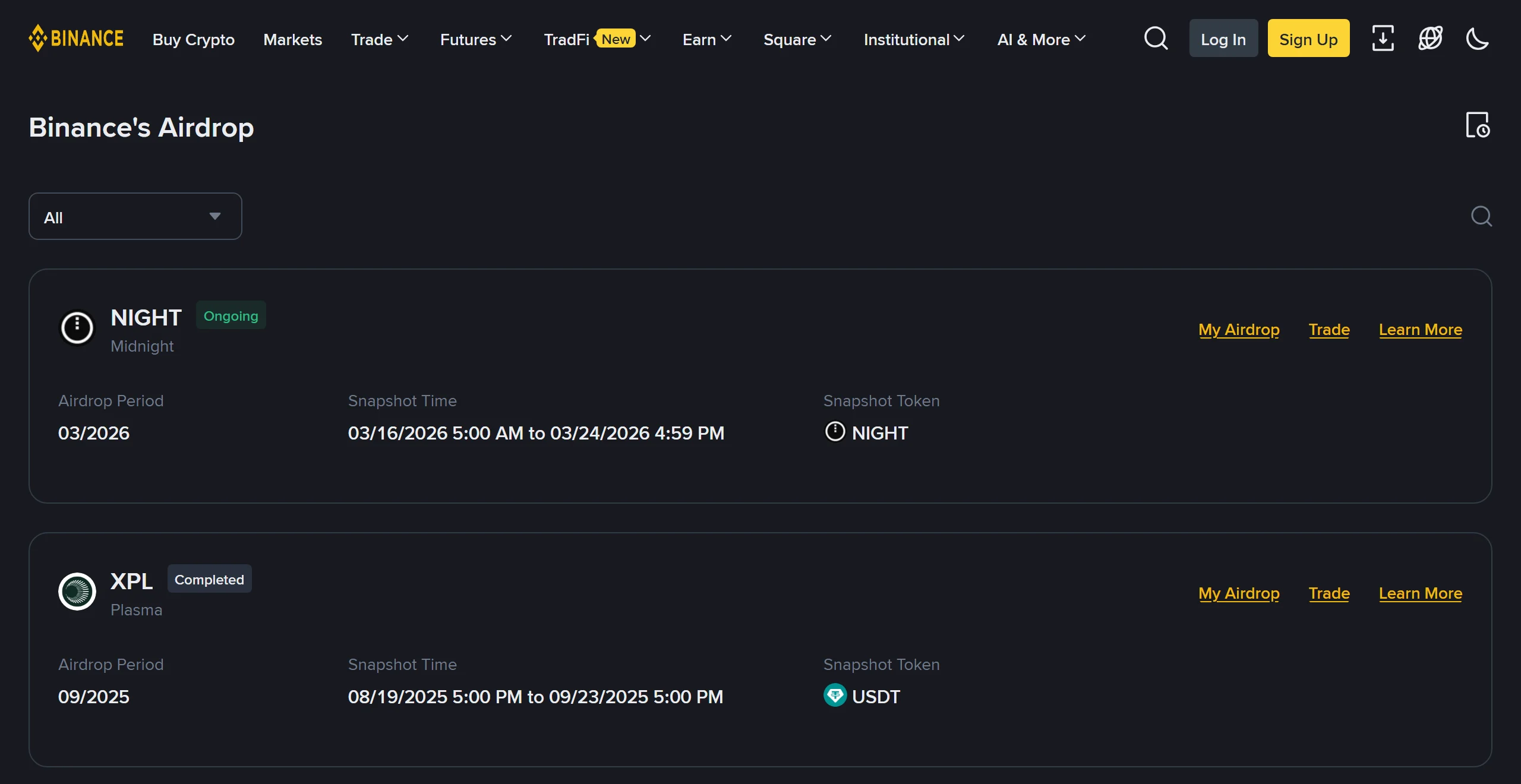 หน้า Binance's Airdrop บนเว็บ Binance Global ภาษาอังกฤษ แสดงรอบ NIGHT สถานะ Ongoing และรอบ XPL สถานะ Completed พร้อมช่วงเวลา snapshot และ snapshot token