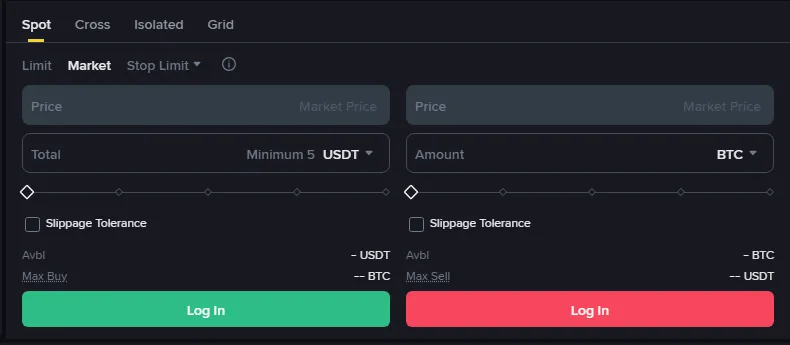 แผงส่งคำสั่ง Spot ของ Binance หน้าคู่ BTC/USDT สถานะยังไม่ล็อกอิน แถวประเภทคำสั่งมี Limit, Market และเมนูดรอปดาวน์ Stop Limit พร้อมช่อง Price, Total, Amount และช่องติ๊ก Slippage Tolerance