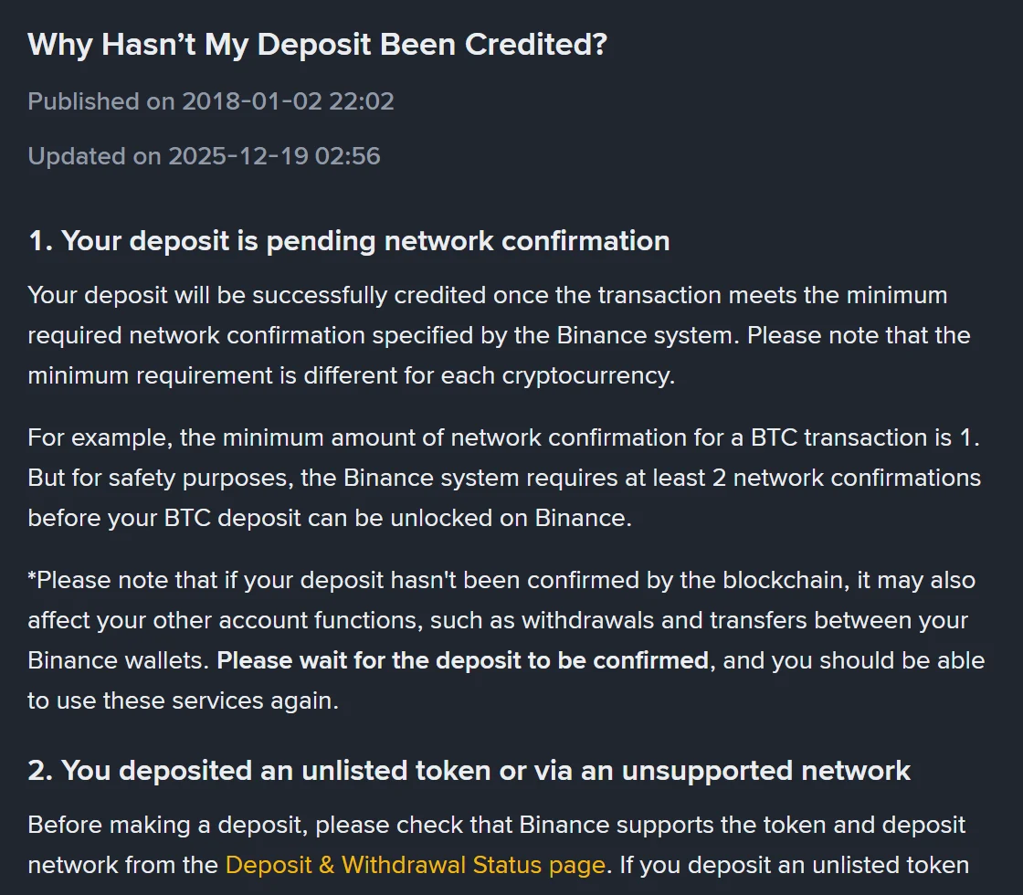 หน้าช่วยเหลือภาษาอังกฤษของ Binance หัวข้อ Why Hasn't My Deposit Been Credited? ระบุวันอัปเดต 2025-12-19 และหัวข้อย่อยข้อ 1 เรื่องรอการยืนยันจากเครือข่าย กับข้อ 2 เรื่องฝากเหรียญหรือเครือข่ายที่ไม่รองรับ
