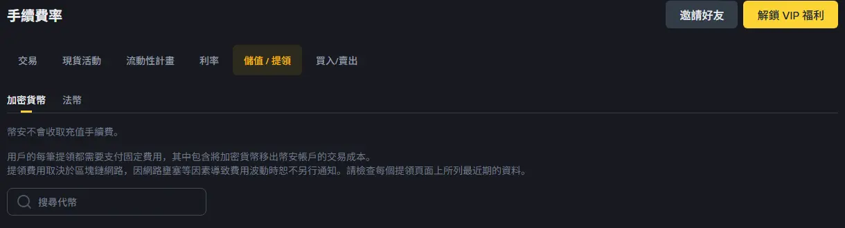 幣安繁體中文手續費率頁頂部,可見「儲值 / 提領」分頁下的「加密貨幣」標籤、官方說明文字與「搜尋代幣」輸入框