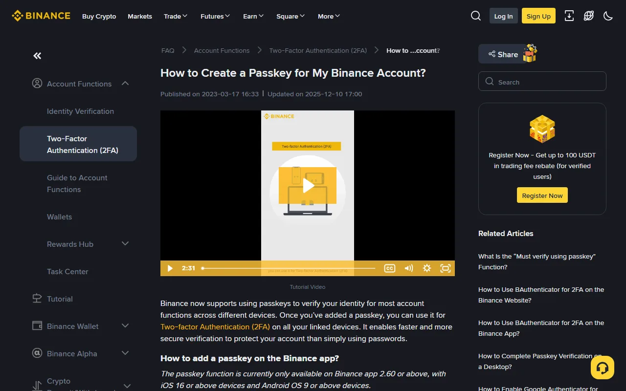 Binance 全球站官方說明中心的 How to Create a Passkey for My Binance Account 頁面,顯示 Passkey 教學標題與 App 設定說明