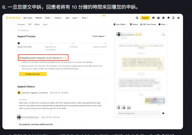 幣安繁體中文說明頁的申訴流程示意圖，頂部進度條依序為 Appeal Submitted、Negotiate with Counterparty、CS Review、Appeal Complete，紅框標出等待對方回應的倒數計時，旁邊文字說明提交申訴後回應者有 10 分鐘的時間回覆