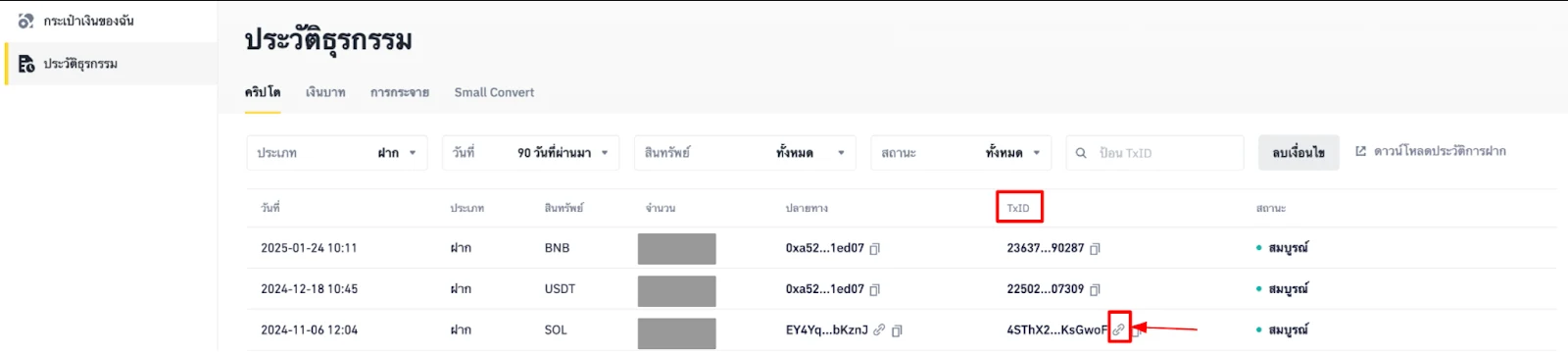 หน้าประวัติธุรกรรม Binance TH แสดงคอลัมน์ TxID และไอคอนลิงก์ไปยัง Blockchain Explorer โดยข้อมูลจำนวนถูกปิดบังและ Address กับ TxID แสดงแบบย่อ